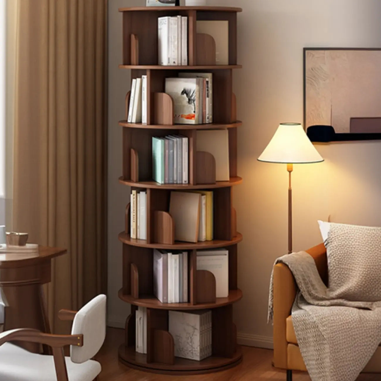 Bibliothèque cylindrique en bois brun à dos ouvert et rotative