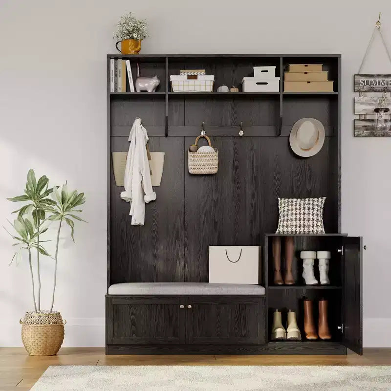 Banc et Rangement à Chaussures, Banc d'entrée de Ferme 3-en-1 avec Porte-Manteau, 4 Crochets, 4 Casiers à Chaussures et 3 Compartiments Ouverts, pour Entrée, Vestiaire