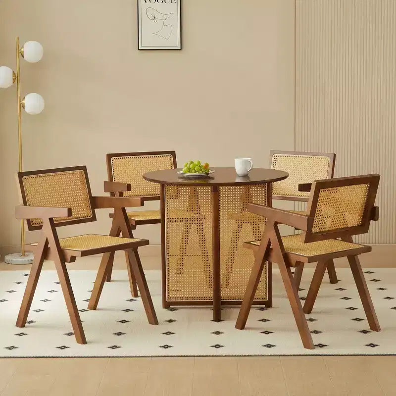 Lot de 2 chaises de salle à manger Okak en bois massif, chaises de salle à manger avec dossier en rotin et accoudoirs, chaises d'appoint de cuisine simples pour table de salon