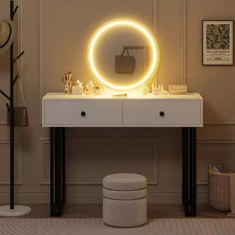 Coiffeuse GustoWave avec miroir et lumières, Petite coiffeuse de maquillage avec tiroirs, Organisateur de coiffeuse moderne avec 3 couleurs de lumière, Table de maquillage