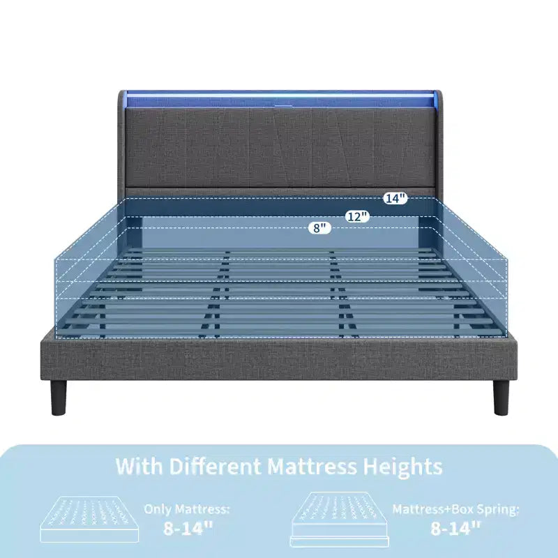 Cadre de Lit CuisinSmart avec Tête de Lit, Plateforme Capitonnée en Tissu Moderne, Cadre de Lit Ne Nécessitant Pas de Sommier Tapissier, Silencieux, Montage Facile