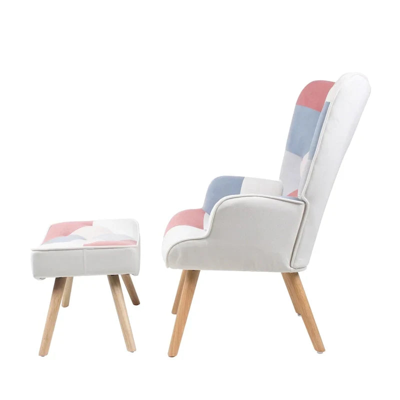 Fauteuil d'appoint avec pouf, ensemble fauteuil et pouf de salon, fauteuil d'appoint confortable pour chambre à coucher, surface en tissu à épissures créatives