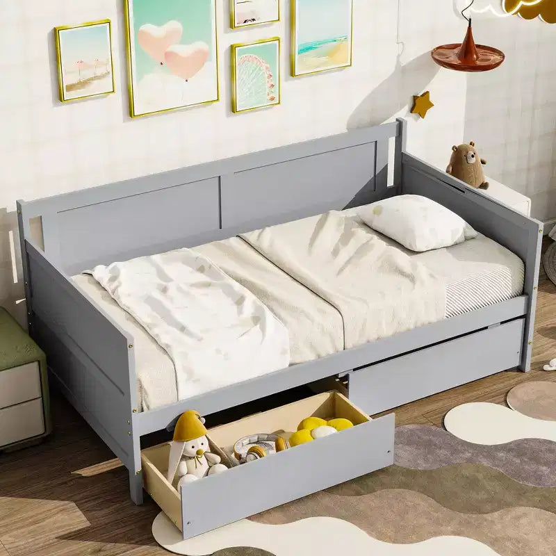 Lit de repos double avec deux tiroirs de rangement, Lit plateforme en bois avec rangement pour chambre à coucher