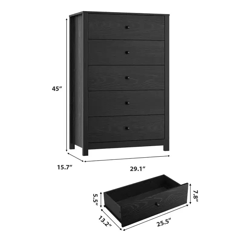 Commode moderne à 5 tiroirs avec rangement profond, coffre en bois élégant pour chambre à coucher, salon, entrée, offrant un grand espace pour une décoration intérieure organisée
