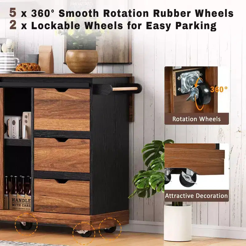 Îlot de cuisine de ferme Whisen 55.5 avec abattant, porte coulissante et station de recharge, design roulant