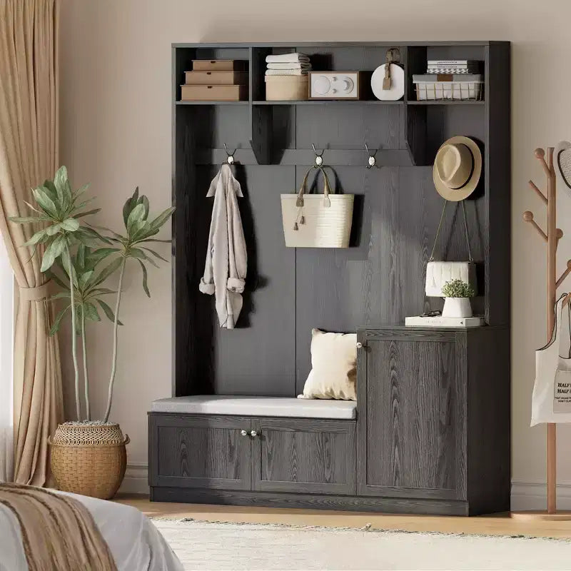 Banc et Rangement à Chaussures, Banc d'entrée de Ferme 3-en-1 avec Porte-Manteau, 4 Crochets, 4 Casiers à Chaussures et 3 Compartiments Ouverts, pour Entrée, Vestiaire