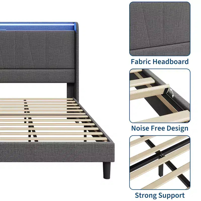 Cadre de Lit CuisinSmart avec Tête de Lit, Plateforme Capitonnée en Tissu Moderne, Cadre de Lit Ne Nécessitant Pas de Sommier Tapissier, Silencieux, Montage Facile