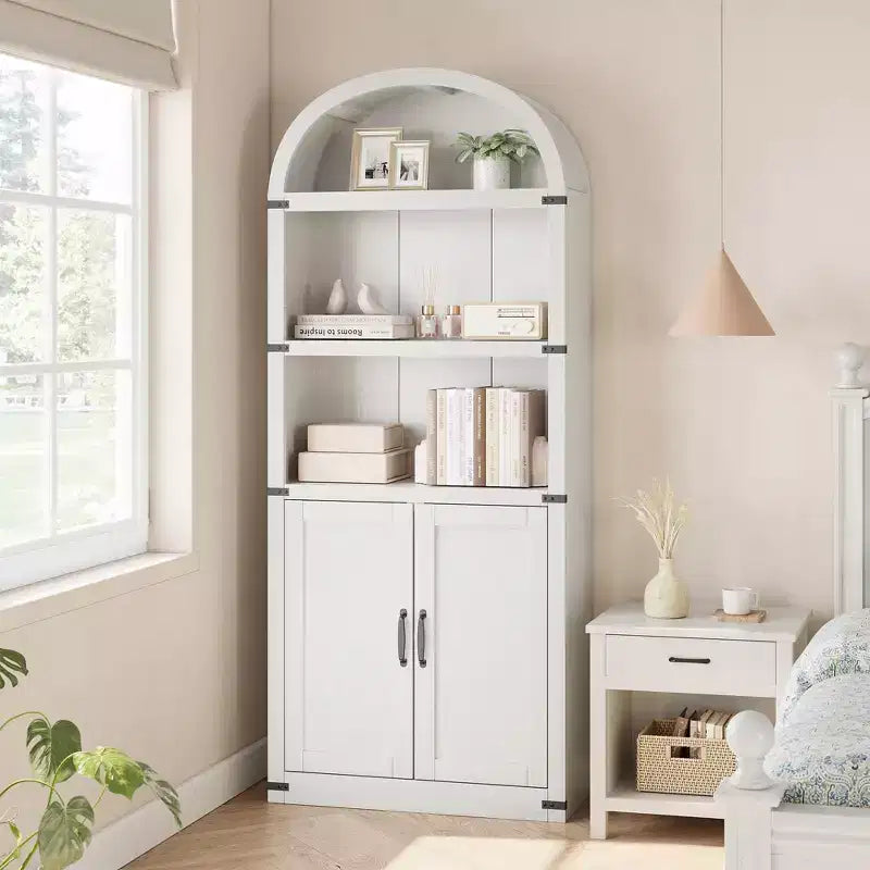 Bibliothèque GustoWave avec portes, étagère arquée de 182 cm de haut, meuble de rangement de style ferme avec étagères, bibliothèques en bois pour bureau à domicile