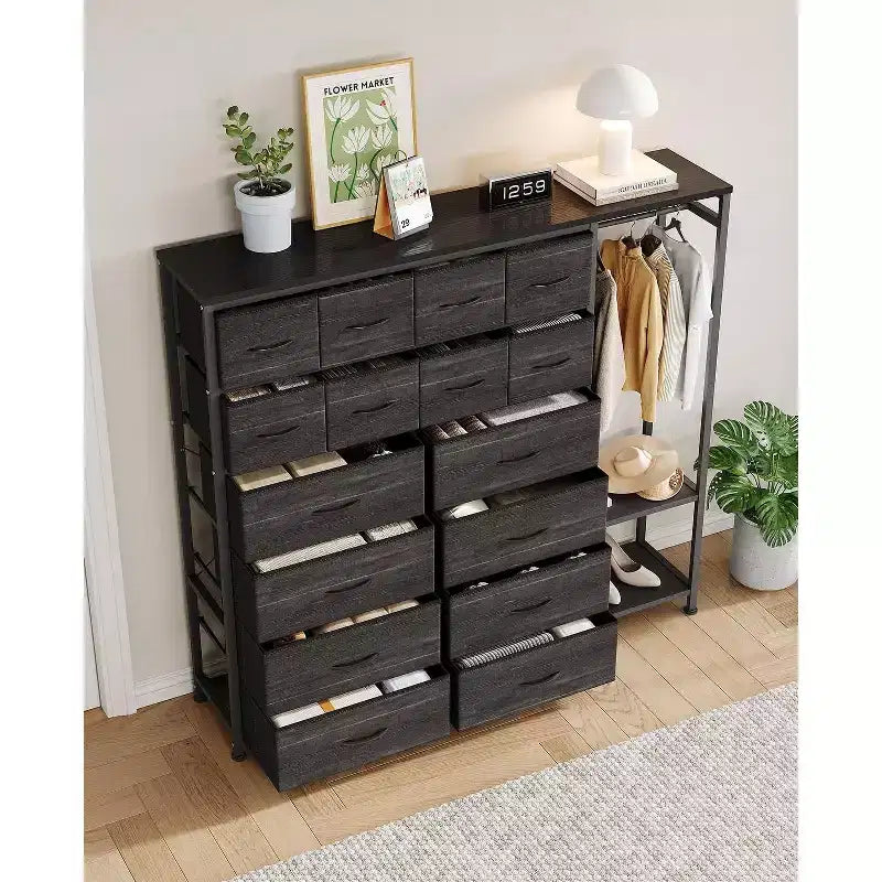 Commode de rangement avec 16 tiroirs, tringle à vêtements et étagères, organisateur de rangement en tissu pour chambre à coucher, placard ou entrée