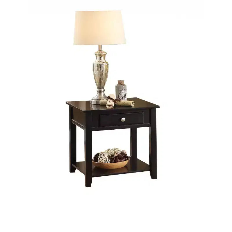 Table d'appoint carrée HomeRoots 22 en bois manufacturé noir avec tiroir et étagère