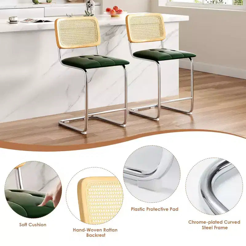 PexFix Lot de 2 tabourets de bar à hauteur de comptoir, en cuir PU rembourré, avec dossier en rotin, hauteur 61 cm, sans accoudoirs, pour îlot de cuisine, vert