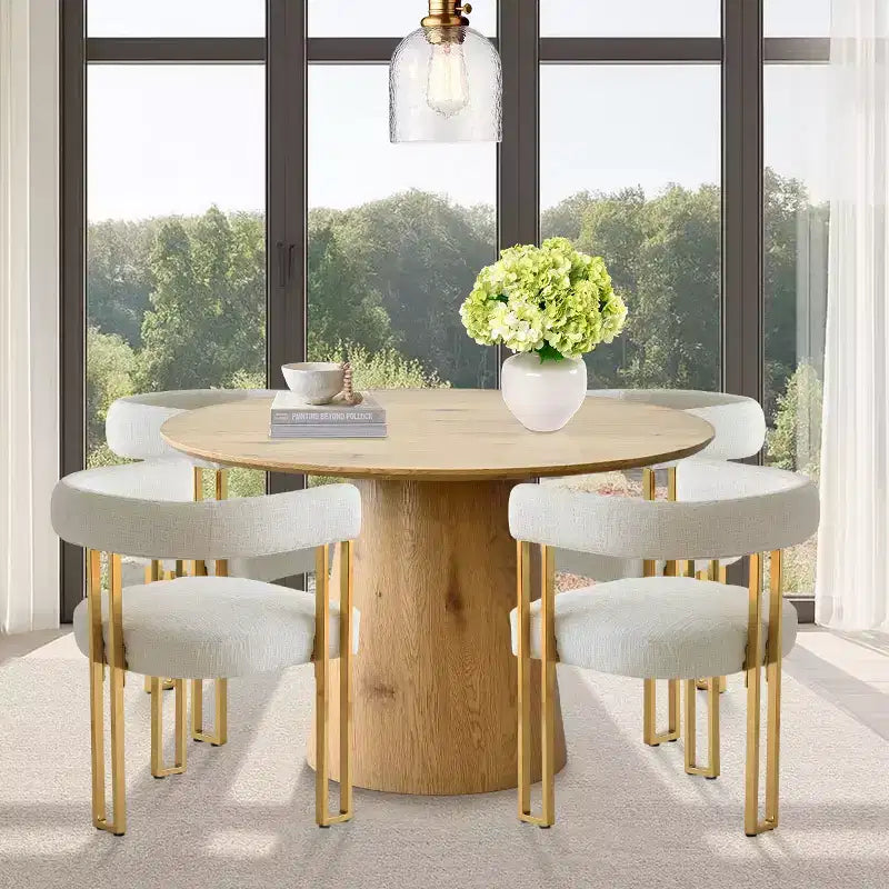 Ensemble table à manger ronde extensible en ovale avec 4 fauteuils en velours, design piédestal moderne, jusqu'à 8 personnes - Panipeachy