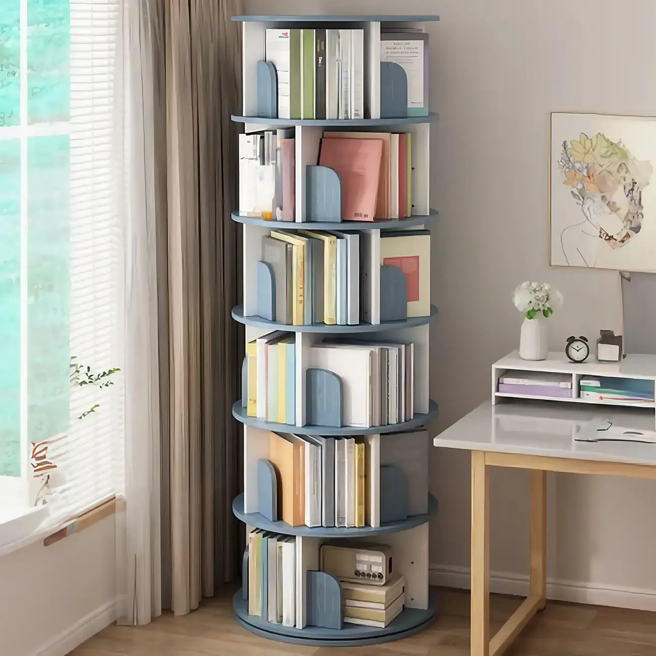 Bibliothèque cylindrique en bois brun à dos ouvert et rotative