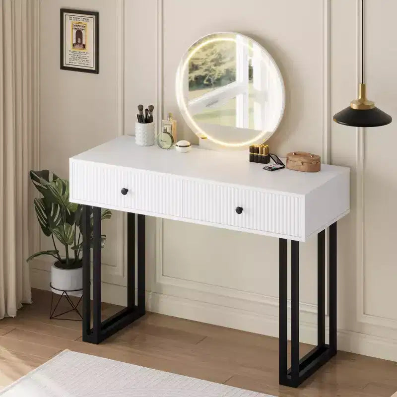 Coiffeuse GustoWave avec miroir et lumières, Petite coiffeuse de maquillage avec tiroirs, Organisateur de coiffeuse moderne avec 3 couleurs de lumière, Table de maquillage