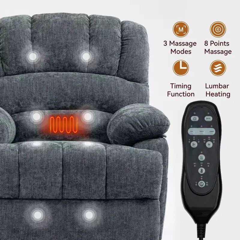 CLIHOME Fauteuil inclinable électrique releveur en chenille grande taille, largeur d'assise 23 pouces et dossier haut, avec massage vibrant 8 points et chauffage lombaire