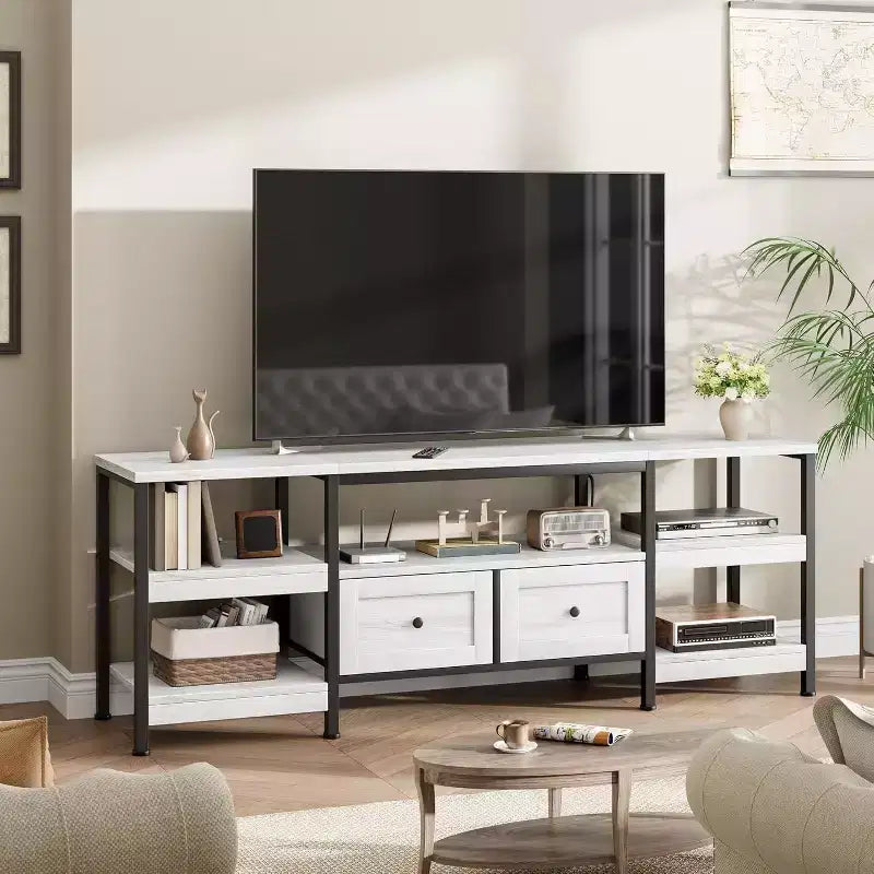 Meuble TV rustique de 180 cm avec rangement - Pour téléviseurs jusqu'à 75 pouces, 2 tiroirs et étagères ouvertes, meuble TV de style industriel avec cadre en métal