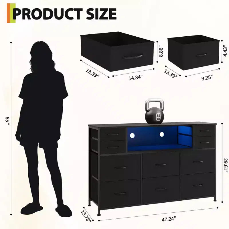 Commode de rangement à 10 tiroirs avec support TV, bande lumineuse LED et prises électriques, commode en tissu avec plateau en bois, meuble TV pour téléviseur de 55 pouces, commode de rangement