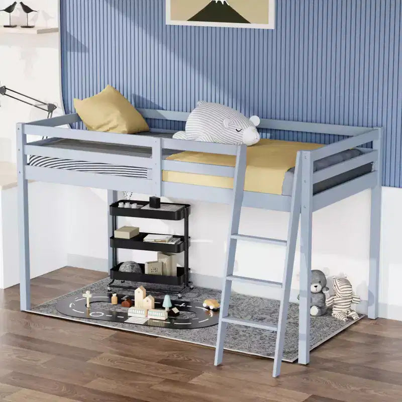Lit mezzanine Karl Home Gray Wood Junior avec escalier pleine grandeur pour adultes, enfants et jeunes adolescents