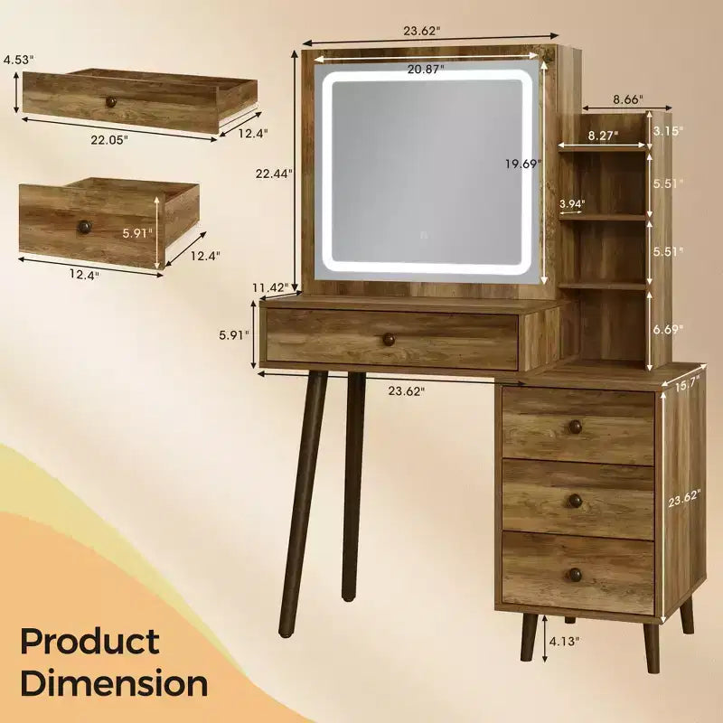 Coiffeuse avec miroir lumineux, table de maquillage Hollywood 3 couleurs dimmable avec 4 tiroirs