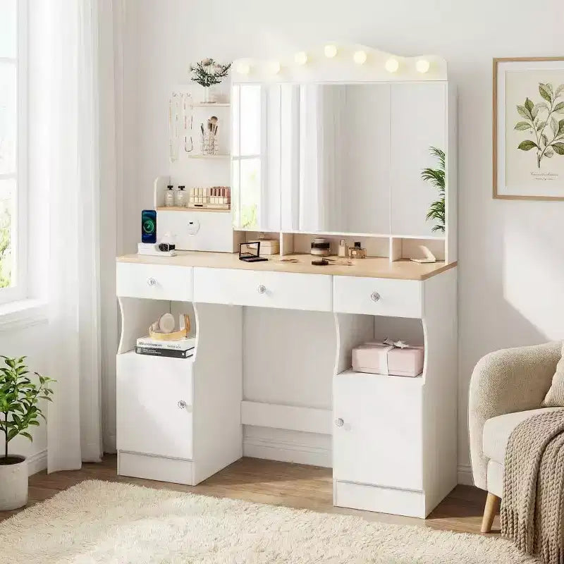 Coiffeuse avec miroir, coiffeuse de maquillage avec 2 prises USB, ensemble coiffeuse avec trois tiroirs et deux armoires