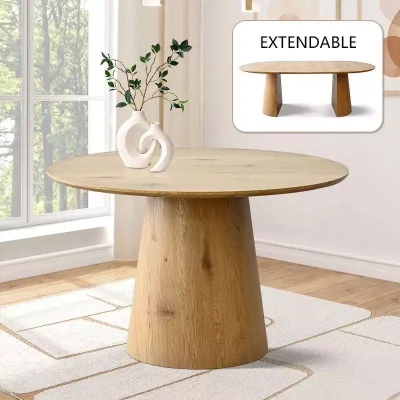 Ensemble table à manger ronde extensible en ovale avec 4 fauteuils en velours, design piédestal moderne, jusqu'à 8 personnes - Panipeachy