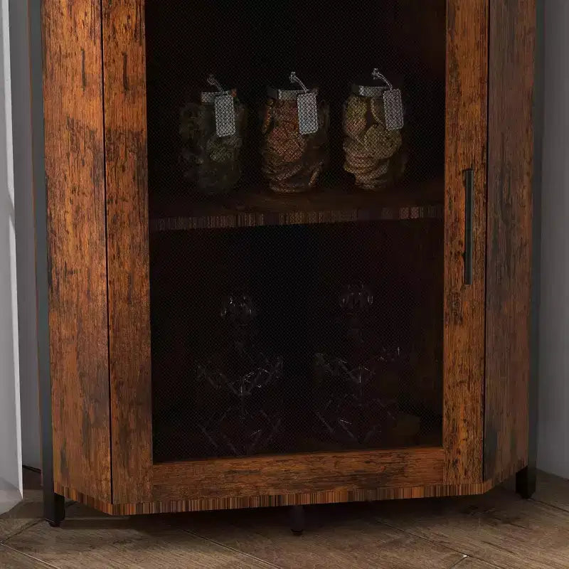 Meuble de bar d'angle CuisinSmart avec casier à vin amovible, meuble de bar avec porte-verres, petit buffet et armoire de rangement avec porte grillagée