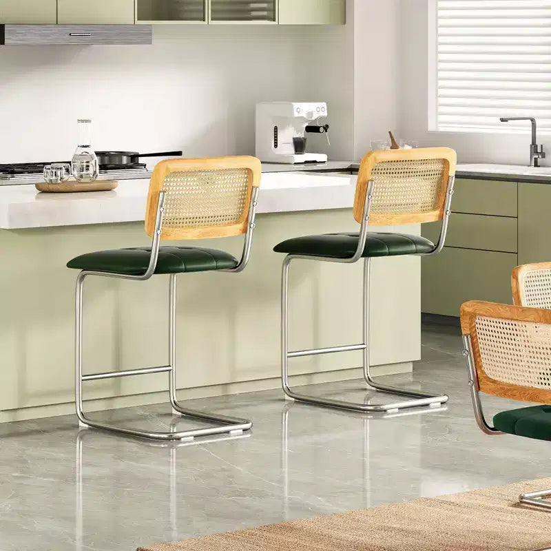 PexFix Lot de 2 tabourets de bar à hauteur de comptoir, en cuir PU rembourré, avec dossier en rotin, hauteur 61 cm, sans accoudoirs, pour îlot de cuisine, vert