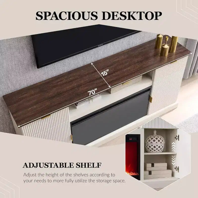 Meuble TV de cheminée cannelé de 70 po pour téléviseurs de 80 po, centre de divertissement moderne avec cheminée électrique de 36 po, console TV multimédia en bois avec rangement