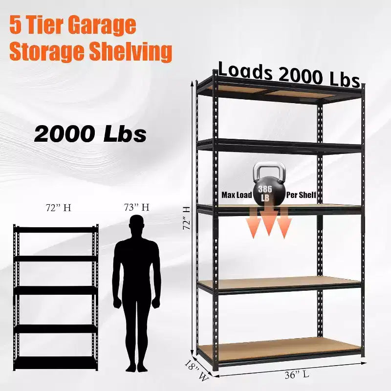 Étagères de garage robustes à 5 niveaux - Étagères de rangement réglables, capacité de charge de 907 kg, unité de rayonnage utilitaire en métal