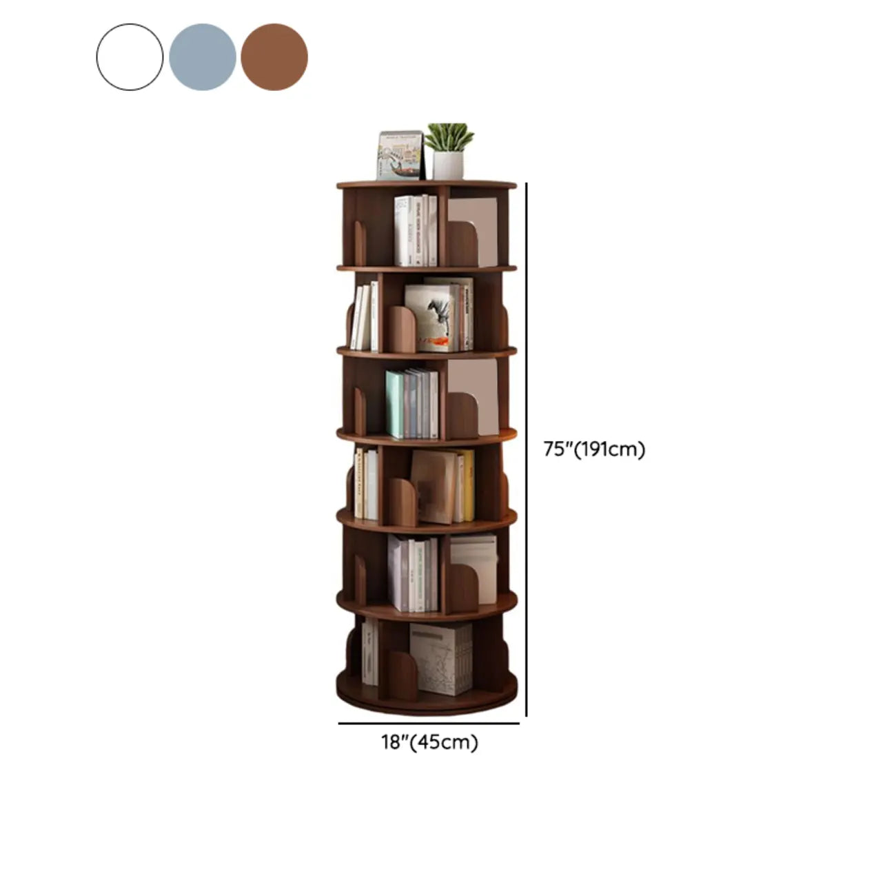 Bibliothèque cylindrique en bois brun à dos ouvert et rotative