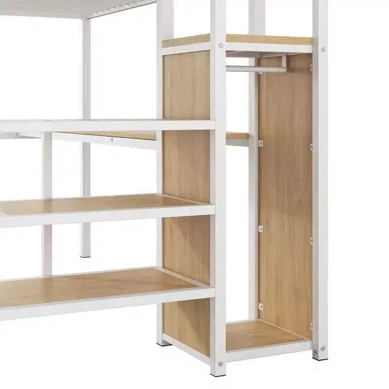 Okak Lit superposé en métal grandeur nature avec bureau et escalier de rangement et barrière de sécurité Lit mezzanine avec petite armoire et LED pour enfants adolescents Assemblage facile