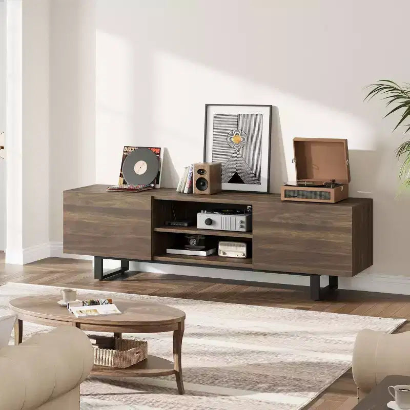 Meuble TV industriel de 75 pouces avec 2 tiroirs, console média en bois robuste pour salon et chambre à coucher