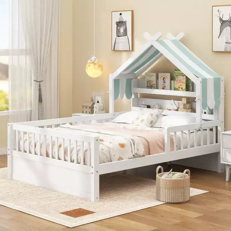 Lit cabane en bois ModernLuxe (taille lit simple/double) avec tête de lit de rangement, cadre de lit pour enfants en pin massif avec barrières de sécurité