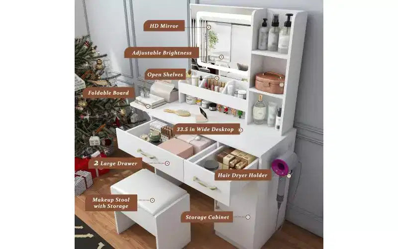 Coiffeuse JVNOXK avec miroir lumineux LED et prise électrique, 3 tiroirs, 7 étagères et tabouret de rangement, convient aux femmes, blanc