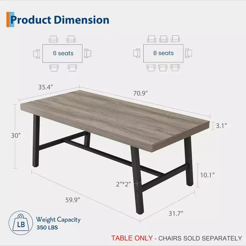Table de salle à manger de 180 cm pour 6-8 personnes, grande table rectangulaire industrielle avec plateau en bois et pieds en métal pour cuisine et salle à manger, grise