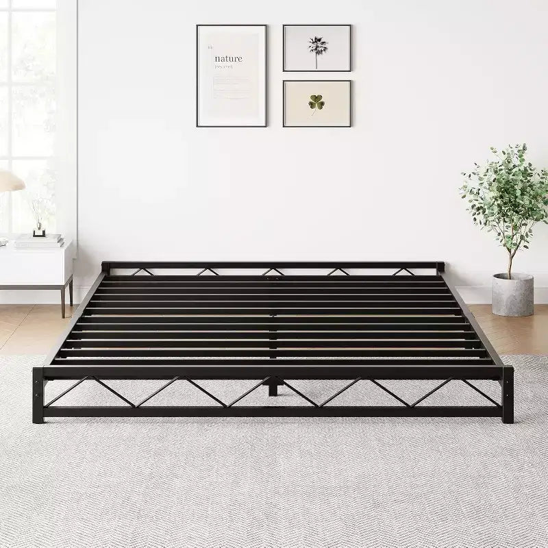 Lit plateforme en métal ondulé 1 pièce – 6 profil bas taille Queen, lattes en acier, aucun sommier tapissier requis, convient aux matelas standards