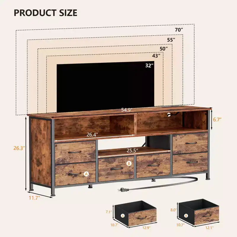Meuble TV rustique marron de 55 pouces avec station de charge, lumières LED, 6 tiroirs en tissu, centre de divertissement pour téléviseurs jusqu'à 60 pouces, console multimédia