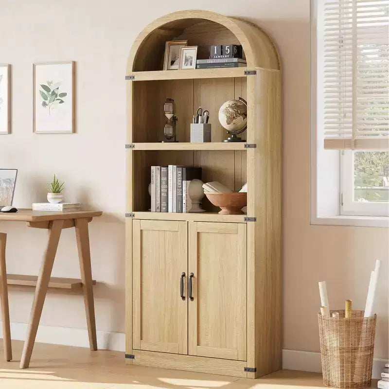 Bibliothèque GustoWave avec portes, étagère arquée de 182 cm de haut, meuble de rangement de style ferme avec étagères, bibliothèques en bois pour bureau à domicile